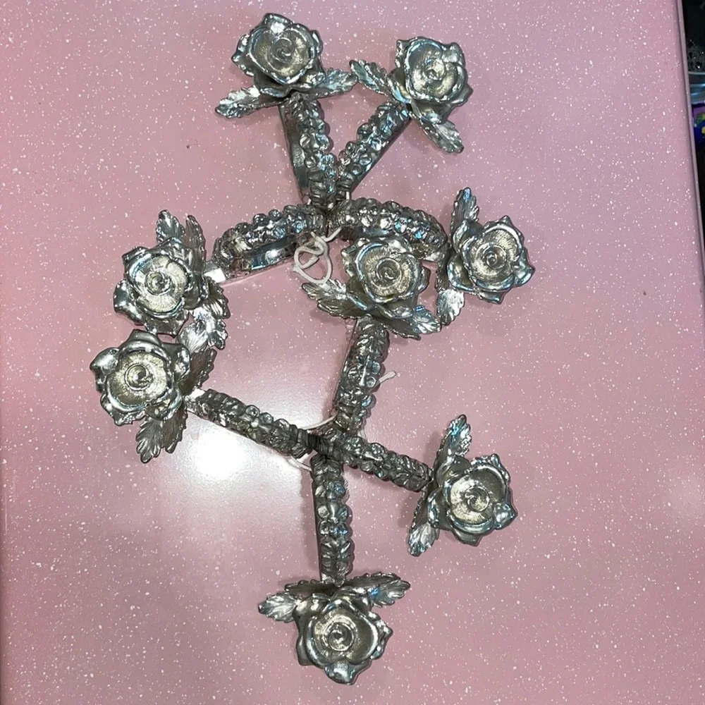 Vintage Silver Tone Metal Rose Design Napkin Ring Holders Set of 8